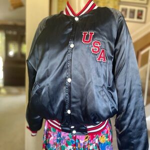 Bike brand Satin USA Jacket Red White & Blue Bomber or Biker Style Sz M? Snaps